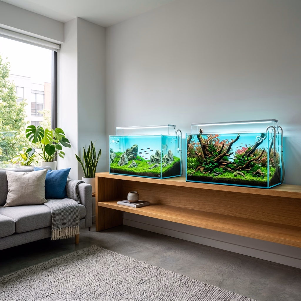Aquarium workspace preview with care records and tank media.