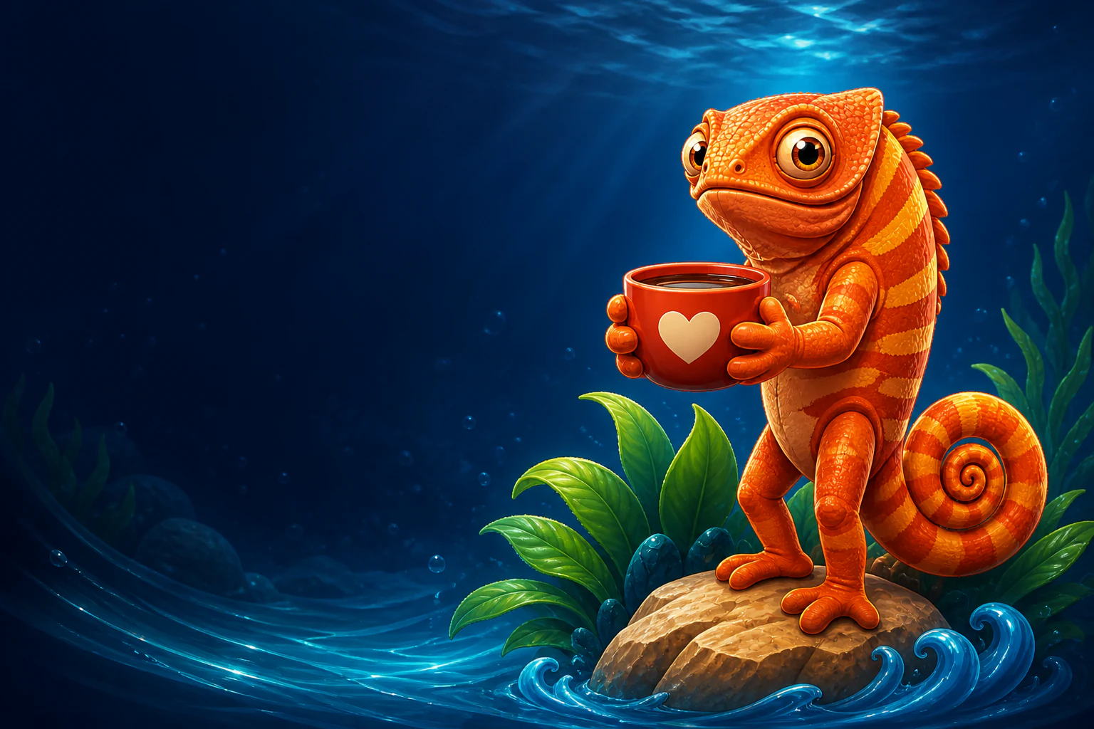 Atlarium's chameleon mascot offering a coffee cup with a heart